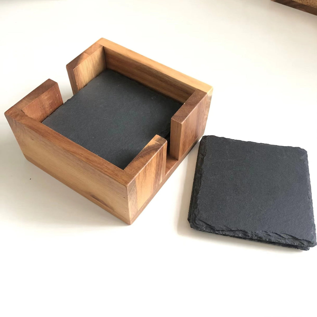 6-Piece Natural Slate Coaster Set with Acacia Wood Holder - AcryliCrafts