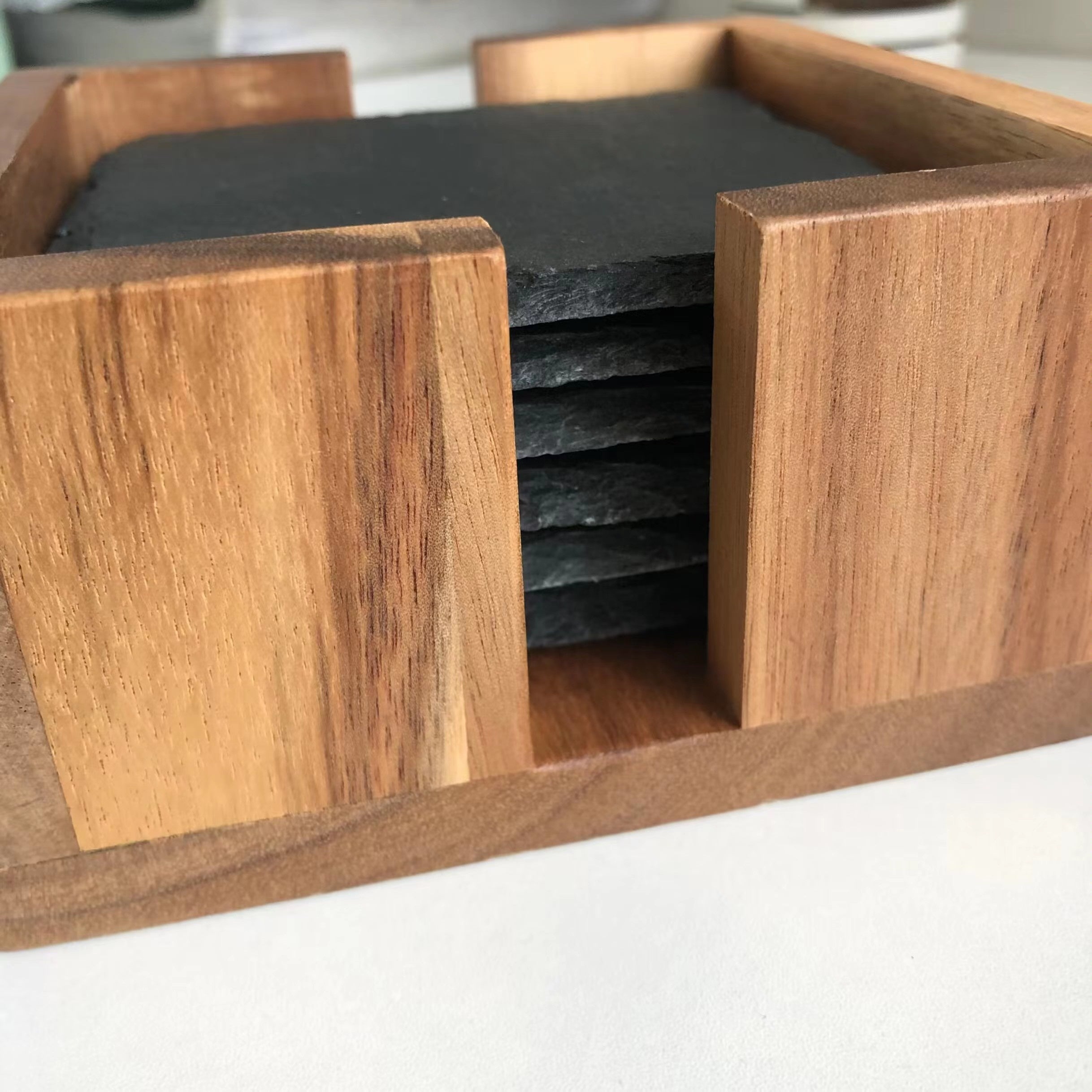 6-Piece Natural Slate Coaster Set with Acacia Wood Holder
