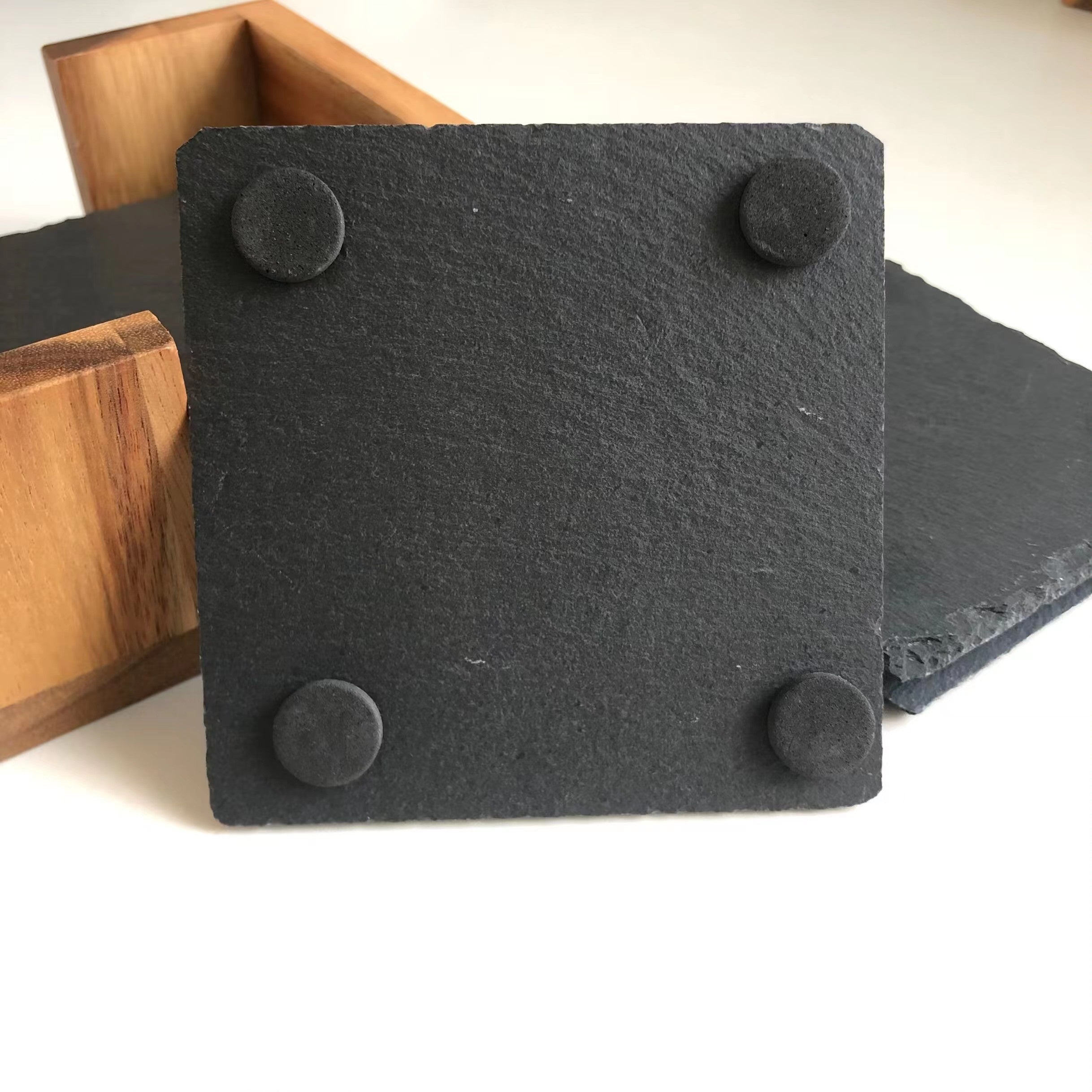6-Piece Natural Slate Coaster Set with Acacia Wood Holder