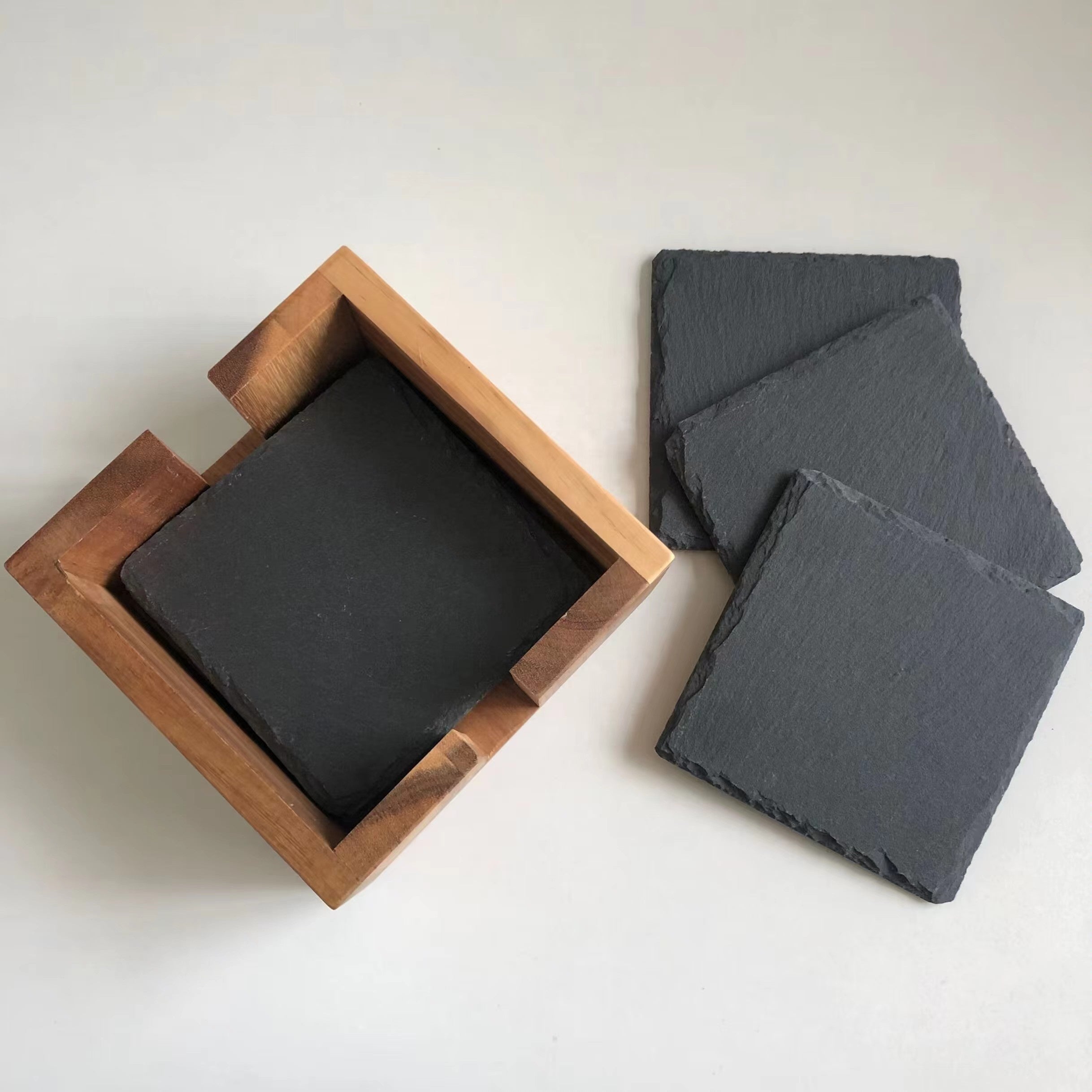 6-Piece Natural Slate Coaster Set with Acacia Wood Holder