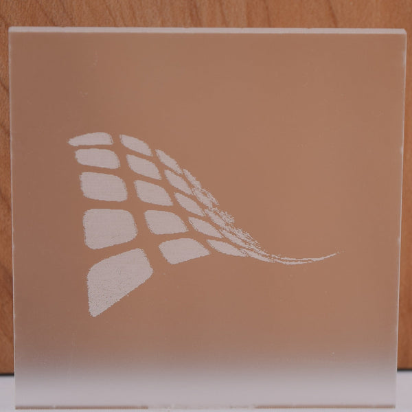 Frosted clear cast acrylic sheet, 1/8 inch 3mm, with laser engraved test pattern